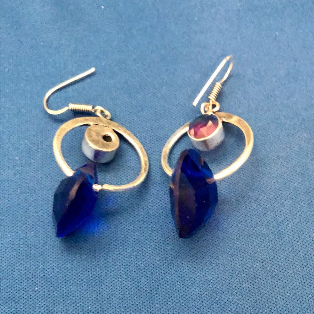 Handmade Real Tanzanite Bi-Color Tourmaline Gemstones Earrings Size 2.2" - Picture 3 of 3